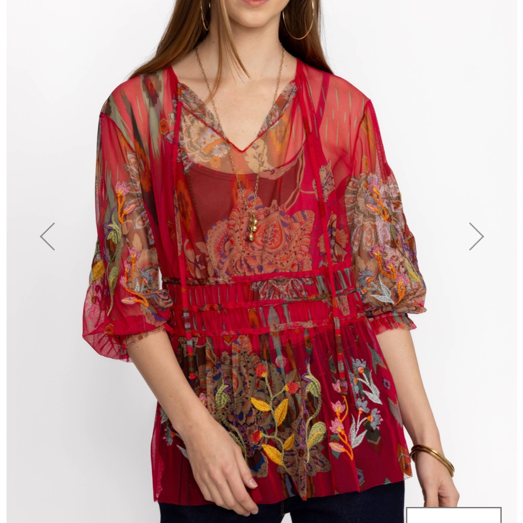 Nwt Johnny Was Biya “Feather Lark Mesh Blouse” Red, Sz Small